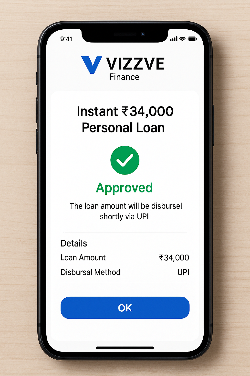 Vizzve finance confirming ₹34,000 loan approval in real-time